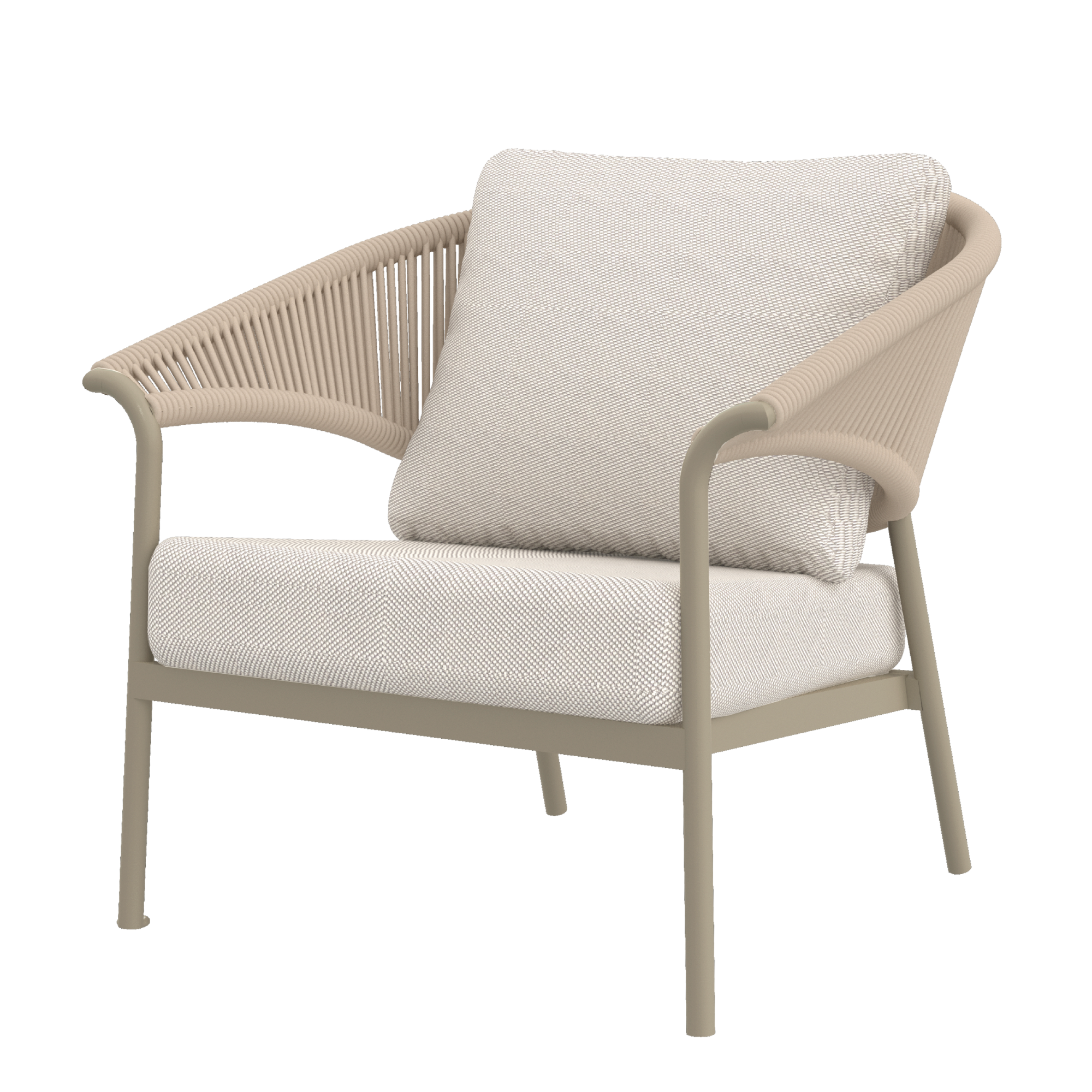 a beige outdoor armchair with champagne upholstery