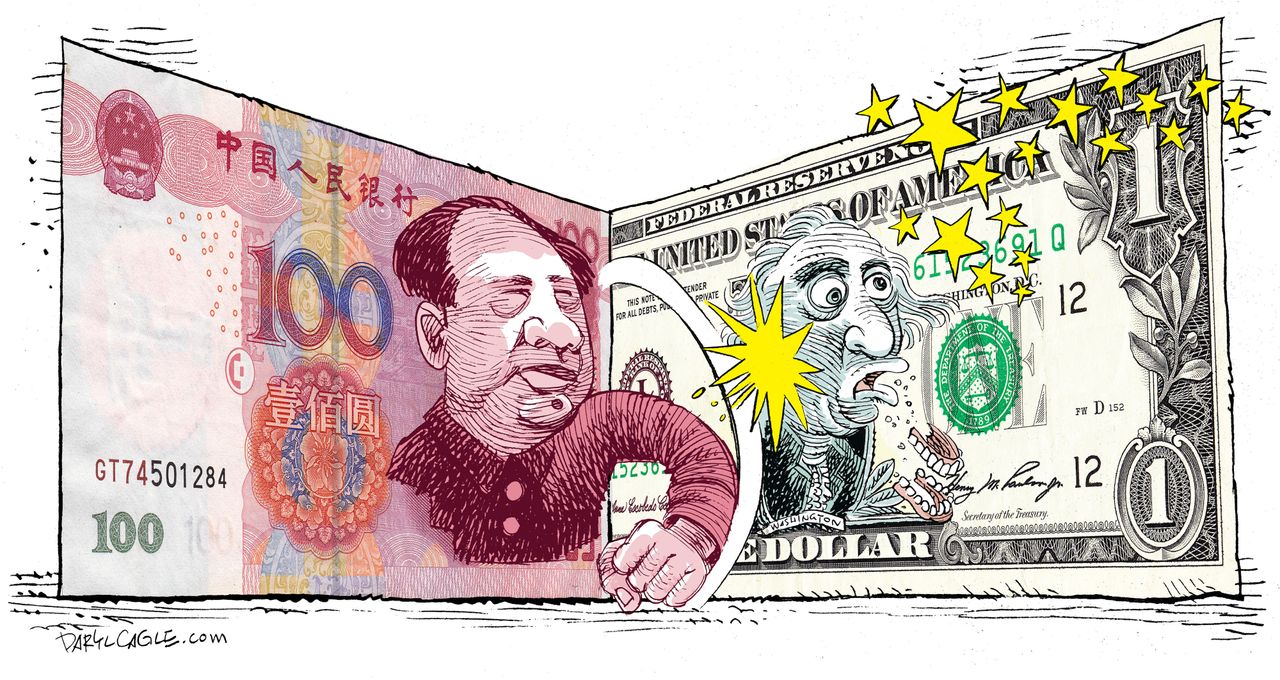 Political Cartoon U.S. Chna US Currency War Devaluation Mao Tse Tung George Washington