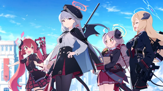 Four anime girls walk along a harbour in Blue Archive.