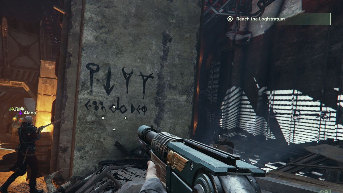 Darktide easter egg: graffiti that says "Pin Head," "Irrational Hatred," "Blood Rage," "Moronic," "AKSHO," "Rune of Nurgle," DAKH"