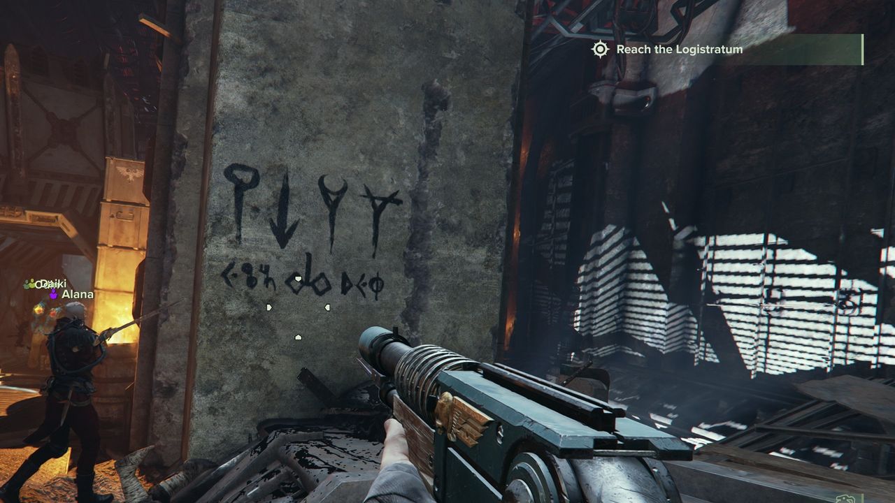 Darktide easter egg: graffiti that says "Pin Head," "Irrational Hatred," "Blood Rage," "Moronic," "AKSHO," "Rune of Nurgle," DAKH"