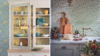 copilation of two kitchens with leaf and floral print wallpapers
