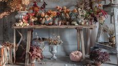 A gray paneled room with vintage wooden table filled with Halloween flowers and decor including pumpkins