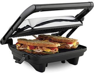 Hamilton Beach Electric Panini Press Grill with Locking Lid, Opens 180 Degrees for any Sandwich Thickness (25460A) Nonstick 8" X 10" Grids Chrome Finish, Medium
