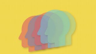 Psychological safety concept art showing colorful human heads merged in a row on soothing yellow-colored background.