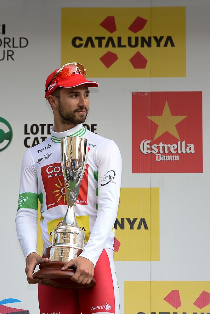 Nacer Bouhanni on the stage 1 podium at Volta a Catalunya