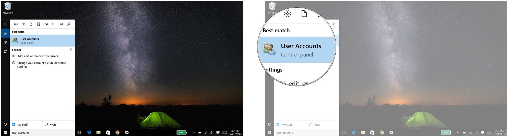 Press the Windows key + S, type in User accounts, and then click on user accounts.