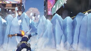 Todoroki unleashes an Ice Wall attack as Deck charges up a punch in the distance
