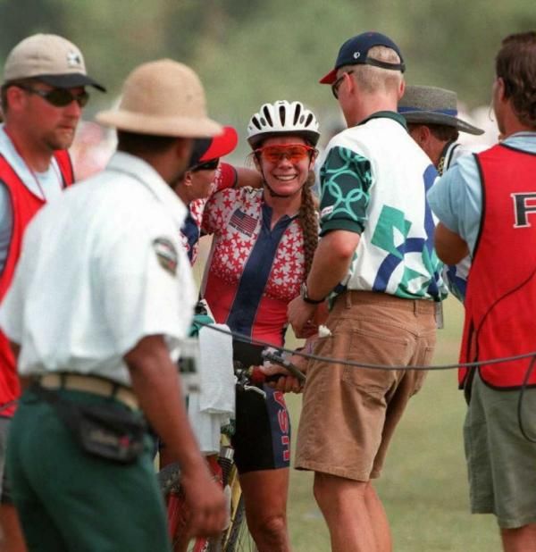 Susan DeMattei (United States) is congratulated after winning a bronze Olympic medal in 1996