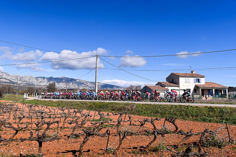 The peloton rides through vineyards during Tuesday's opening stage of Tour la Provence