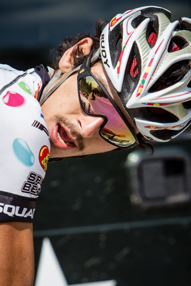 Lachlan Morton (Jelly Belly) looks back to check his gap on the field