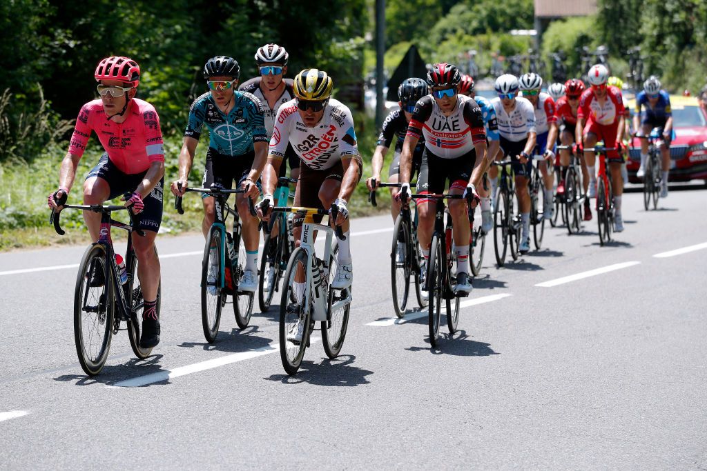 LE SAPPEYENCHARTREUSE FRANCE JUNE 04 Lawson Craddock of United States and Team EF Education Nippo Franck Bonnamour of France and Team BB Hotels PB KTM Barnabas Pek of Hungary and Team BikeExchange Greg Van Avermaet of Belgium and AG2R Citren Team Sven Erik Bystrom of Norway and UAE Team Emirates in breakaway during the 73rd Critrium du Dauphin 2021 Stage 6 a 1672km stage from LoriolsurDrome to Le SappeyenChartreuse 1003m UCIworldtour Dauphin dauphine on June 04 2021 in Le SappeyenChartreuse France Photo by Bas CzerwinskiGetty Images