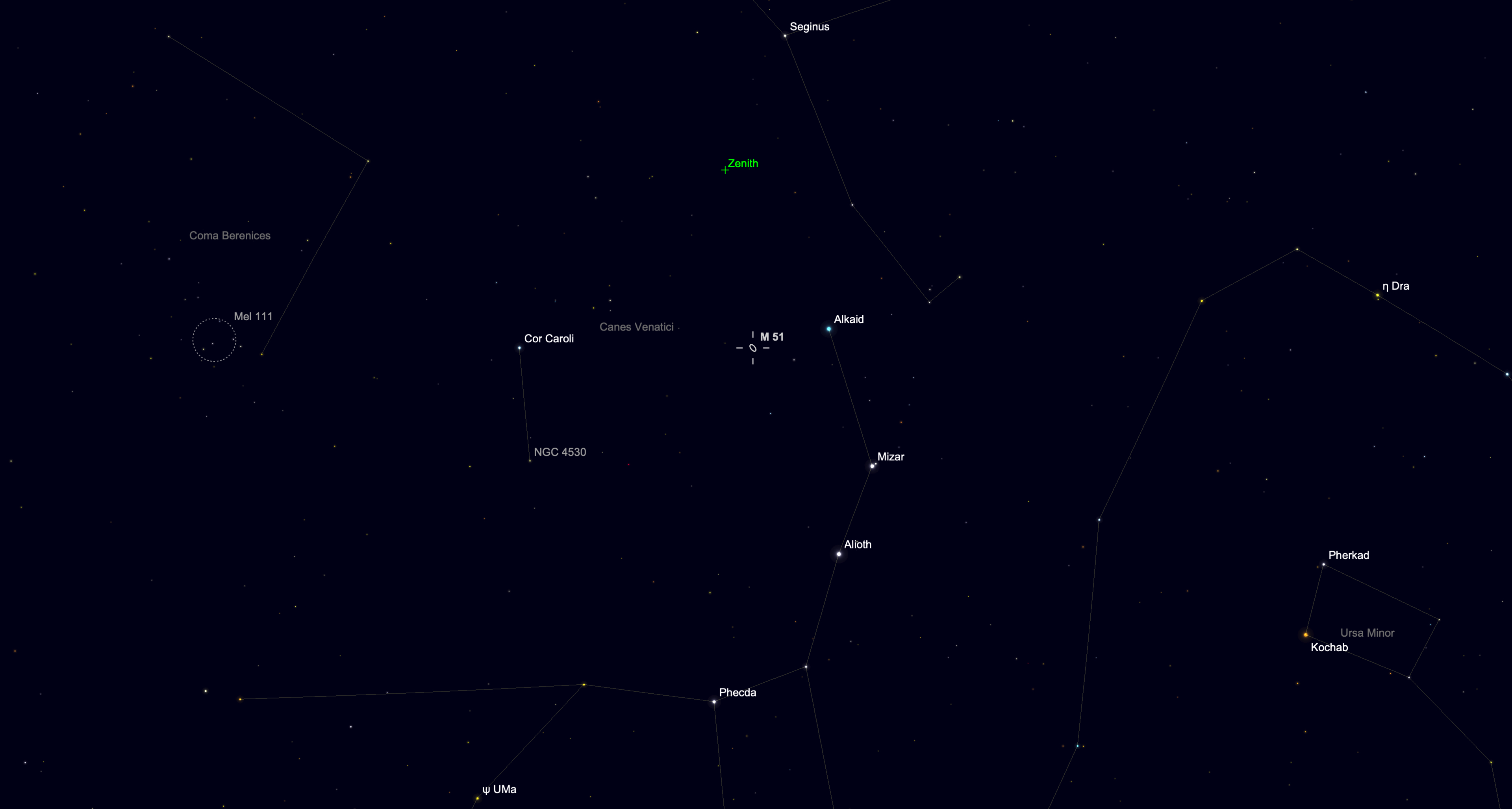Star chart showing the location of the Whirlpool Galaxy near Alkaid in Ursa Major on June 20.
