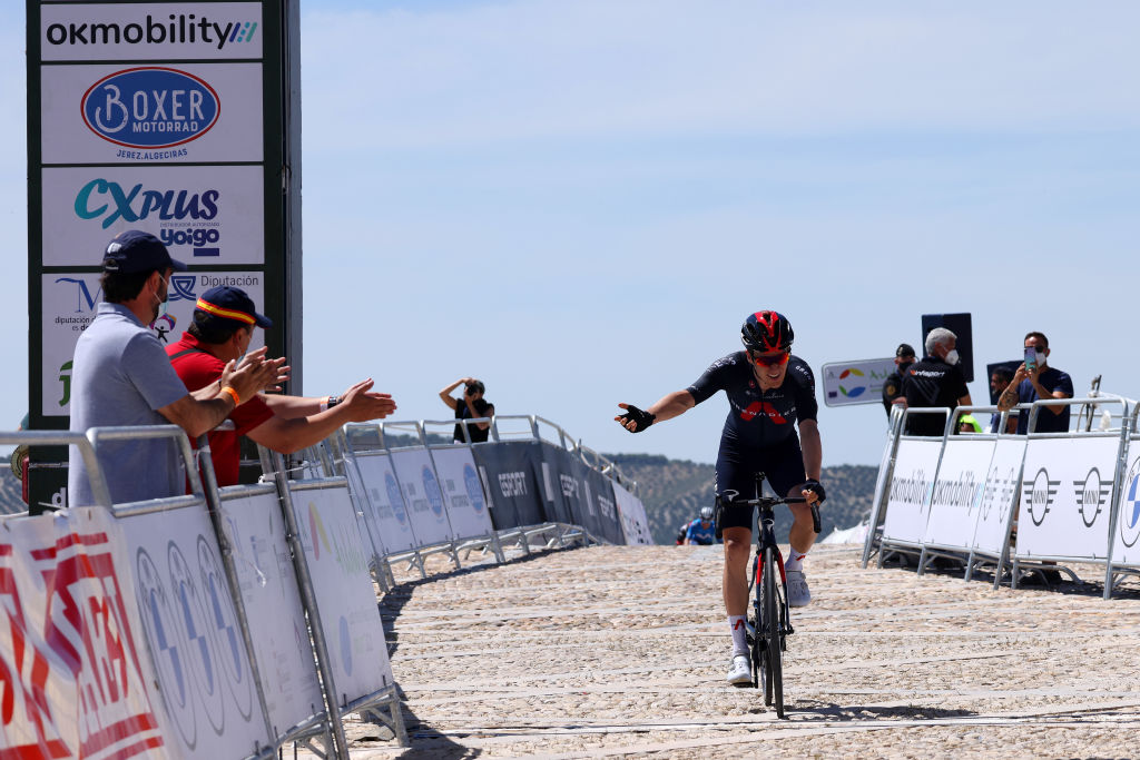 ALCALA LA REAL SPAIN MAY 19 Ethan Hayter of United Kingdom and Team INEOS Grenadiers celebrates at arrival during the 67th Vuelta A Andalucia Ruta Del Sol 2021 Stage 2 a 183km stage from Iznajar to Alcal la Real 1028m Landscape Public Fans Covid safety measures Social distance VCANDALUCIA on May 19 2021 in Alcala la Real Spain Photo by Gonzalo Arroyo MorenoGetty Images