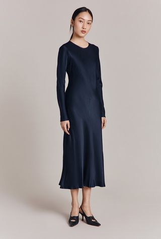 navy blue satin dress with long sleeves