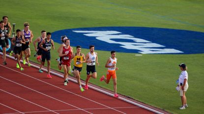 College athletes compete in a track and field run in Austin, Texas.