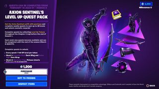 In-game purchase screen for the Fortnite Level Up Tokens Axion Sentinel's Quest Pack