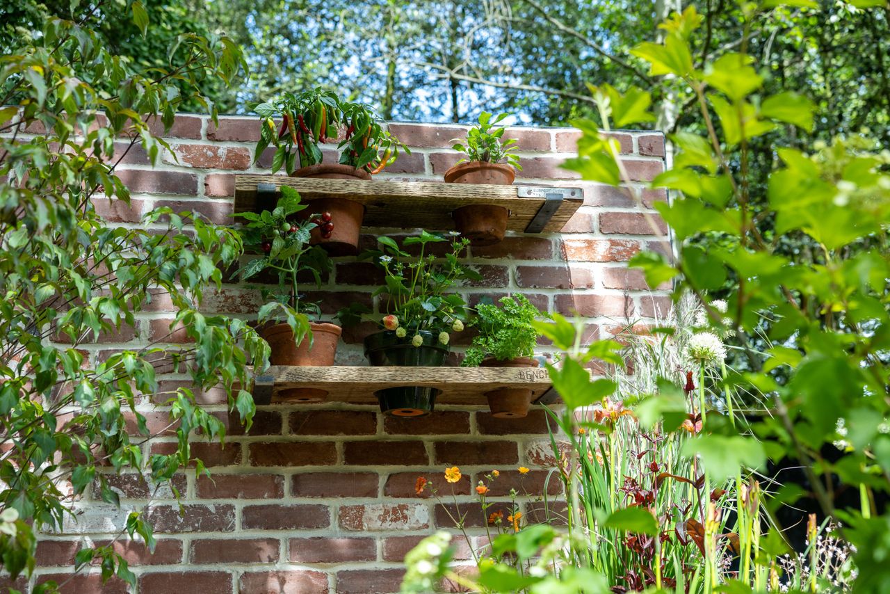 Images and details showing the planting and structure of the transient garden. Lots of brick, leafy greens and brushed metal