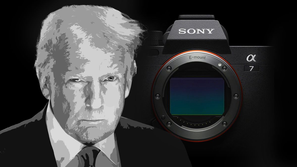 Portrait of Donald Trump next to a Sony A7 camera