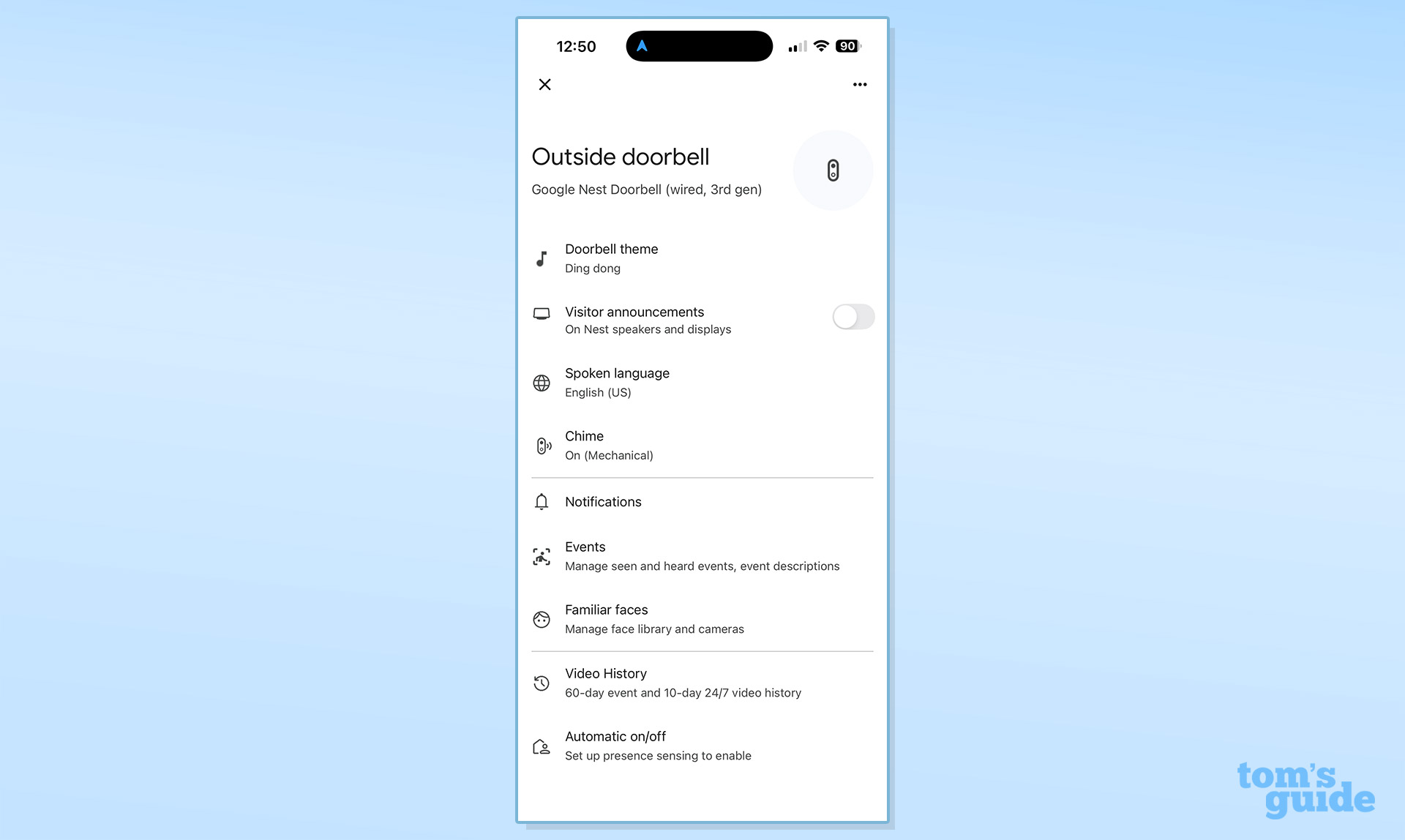 Screenshot of the Google Nest Doorbell (wired, 3rd gen) app