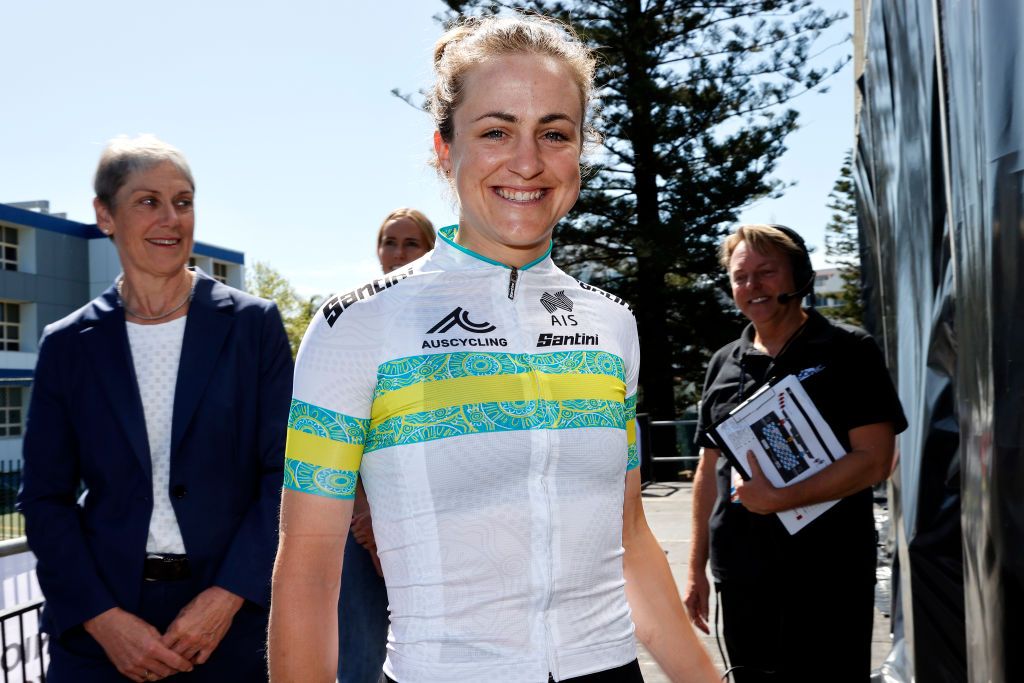 WOLLONGONG AUSTRALIA SEPTEMBER 18 Silver medalist Grace Brown of Australia celebrates on the podium during the medal ceremony after the 95th UCI Road World Championships 2022 Women Individual Time Trial a 342km individual time trial race from Wollongong to Wollongong Wollongong2022 on September 18 2022 in Wollongong Australia Photo by Con ChronisGetty Images