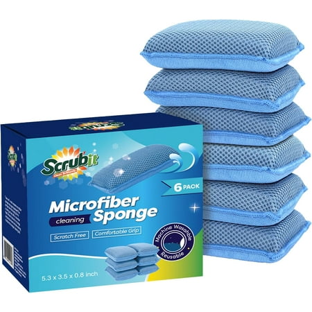 Scrubit Microfiber Sponge Heavy Duty Non Scratch Sponges for Utensils &amp;amp; Kitchenware, 6-Pack