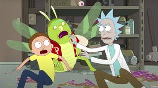 (R to L) Rick pushes Previous Leon as Morty watches in the opening of Rick and Morty season 6 episode 7