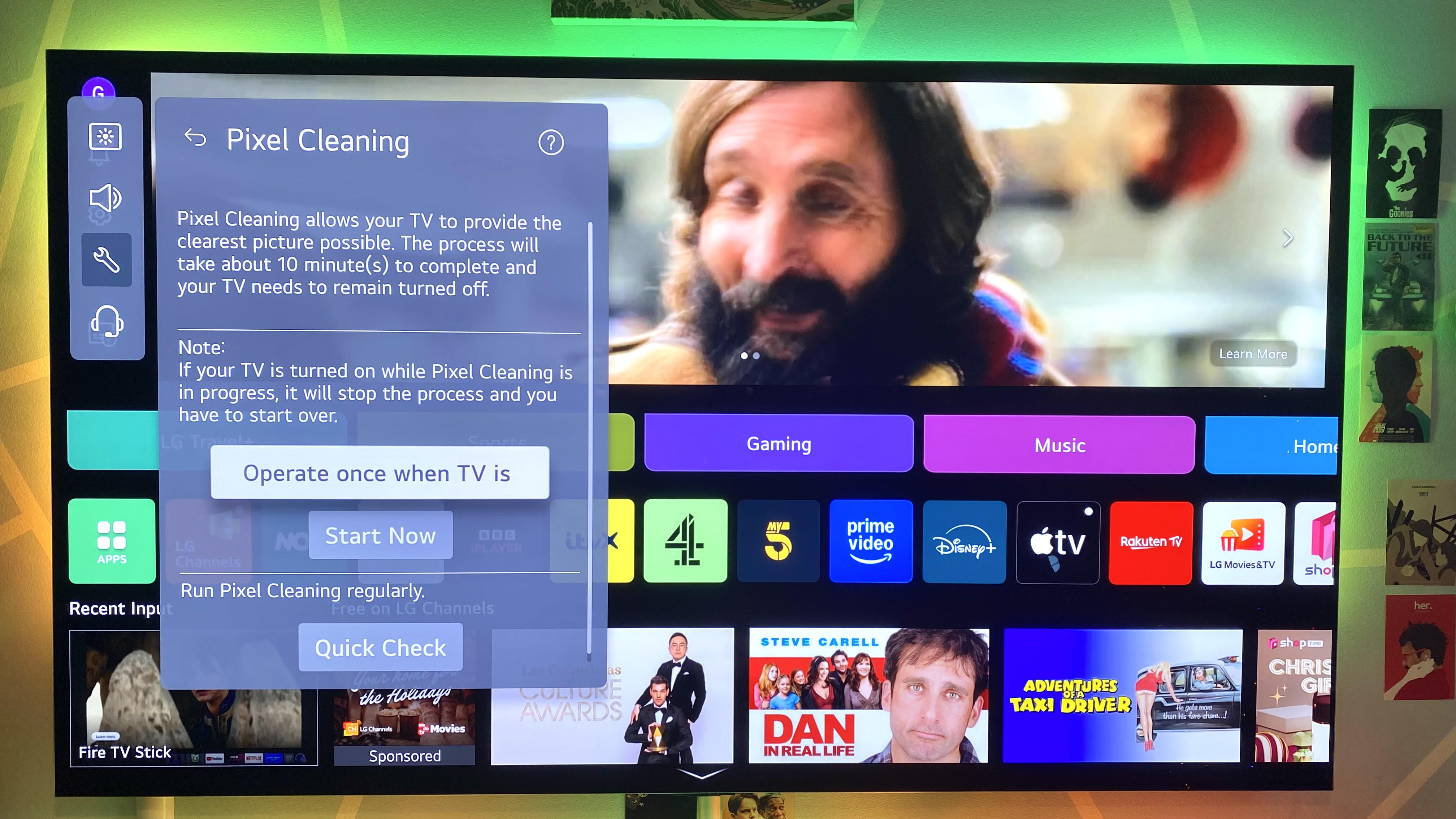 A pixel cleaning cycle running on an LG G3 OLED TV.