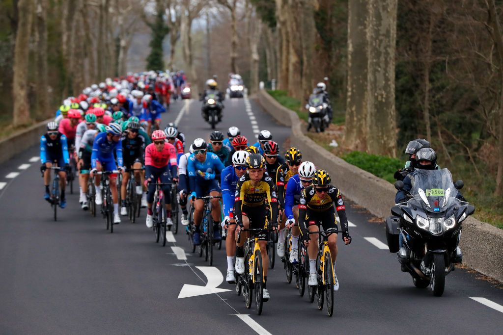BOLLNE FRANCE MARCH 11 The peloton during the 79th Paris Nice 2021 Stage 5 a 200km stage from Vienne to Bollne Forest Landscape ParisNice on March 11 2021 in Bollne France Photo by Bas CzerwinskiGetty Images