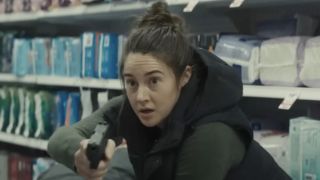 Shailene Woodley playing a cop dealing with a shootout in a convenience store in To Catch a Killer.