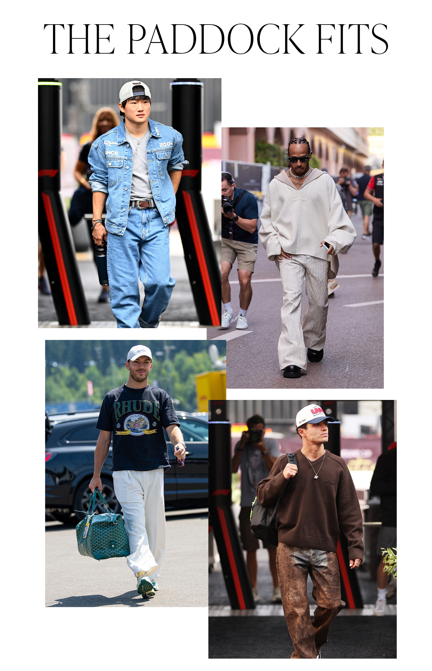Photos of Yuki Tsunoda, Lewis Hamilton, Pierre Gasly, and Lando Norris entering the F1 paddock. The collage says &quot;The Paddock Fits&quot; on top.
