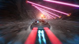 A Max Max lookin' car, headlines trailing through speed, races through a tunnel filled with rotating purple lasers in Fatal Run 2089.