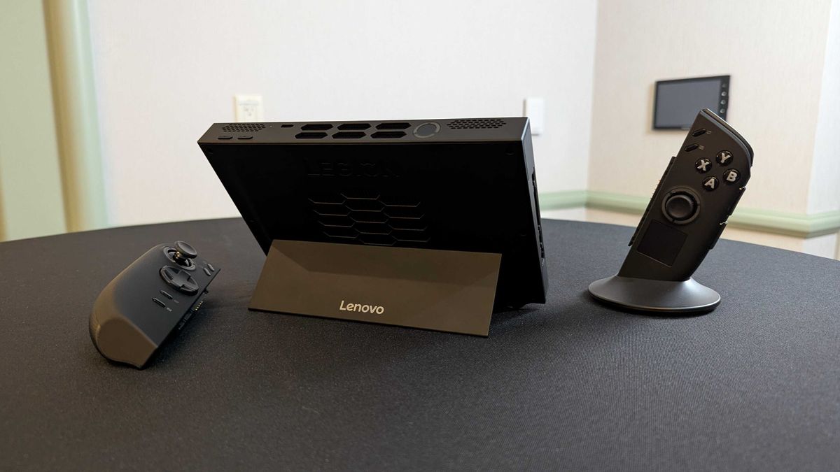 A Lenovo Legion Go (Gen 2) prototype with its controllers detached and showing the kickstand.