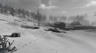 Footprints in snow lead past a ruined tank to a farmstead