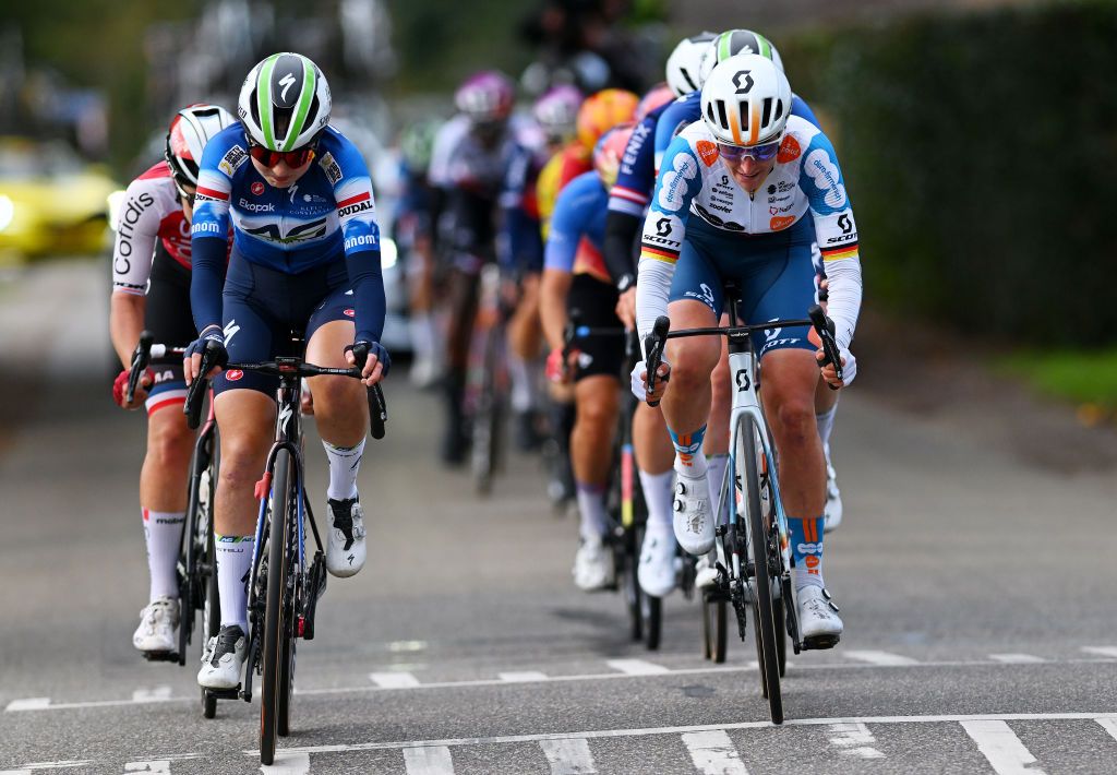 EDE NETHERLANDS OCTOBER 11 LR Julia Borgstrom of Sweden and AG Insurance Soudal Team and Franziska Koch of Germany and Team dsmfirmenich PostNL compete during the 26th Simac Ladies Tour 2024 Stage 4 a 1182km stage from Ede to Ede UCIWWT on October 11 2024 in Ede Netherlands Photo by Luc ClaessenGetty Images
