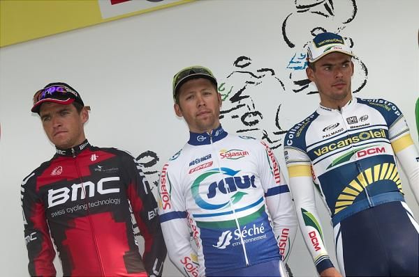 The 2012 Grand Prix de Wallonie podium (L-R): Greg Van Avermaet, Julien Simon and Bj&ouml;rn Leukemans