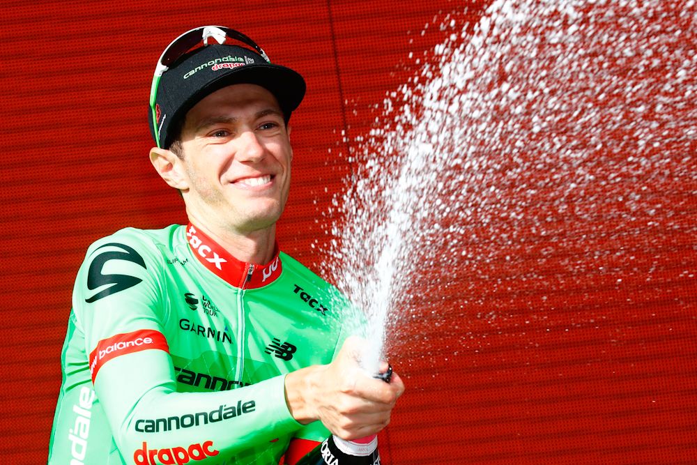 Pierre Rolland on the stage 17 podium at the Giro d'Italia