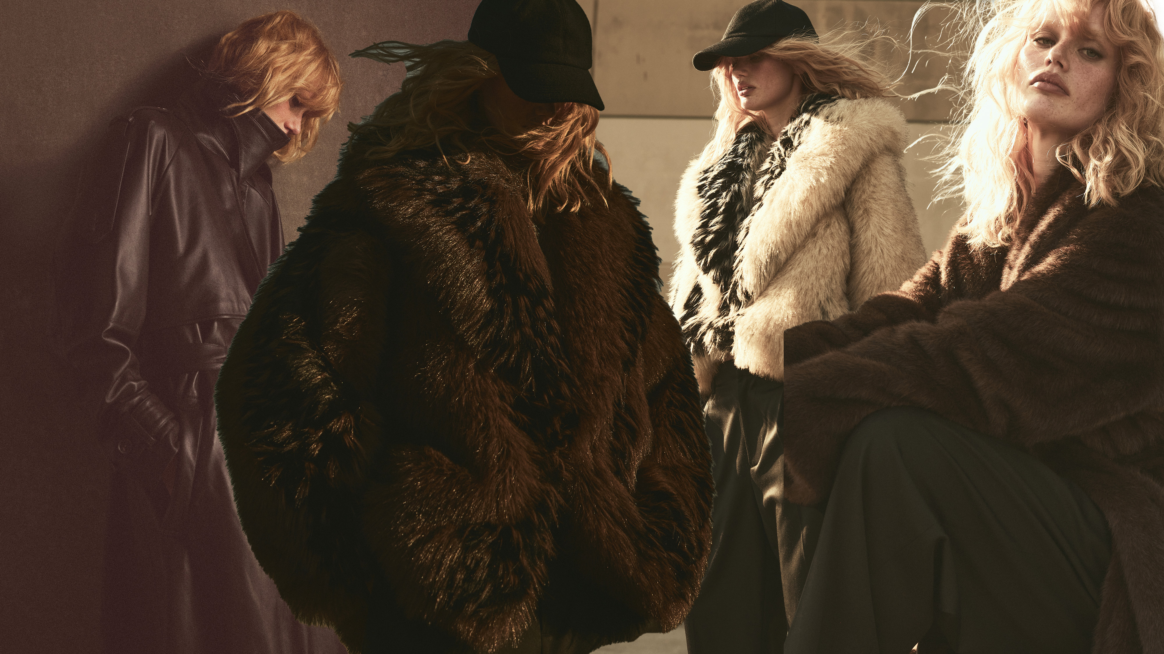 A collage of women wearing Auter fur coats and leather jackets.