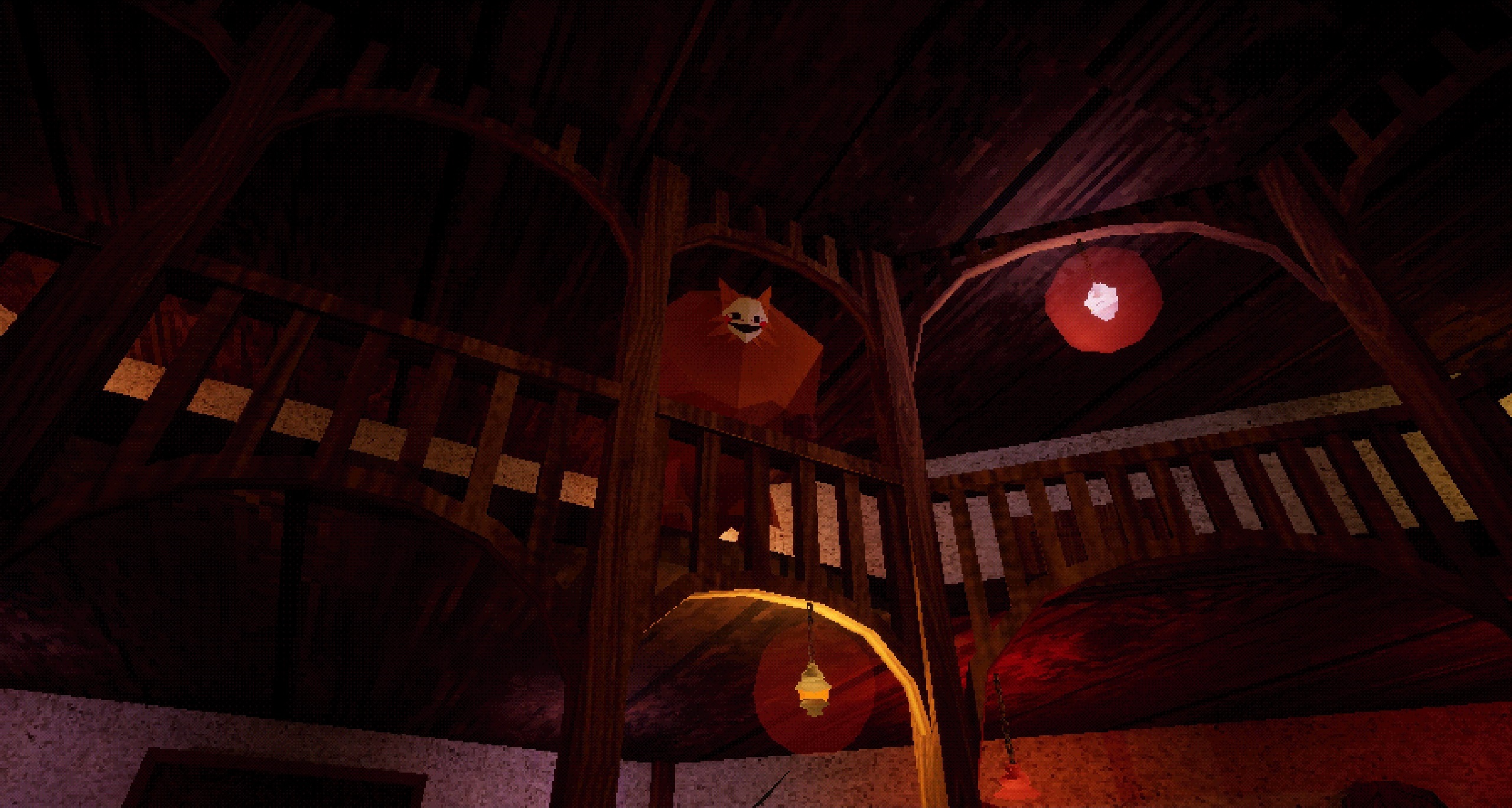 looking up at balcony where a giant, masked, cat creature is staring down at player