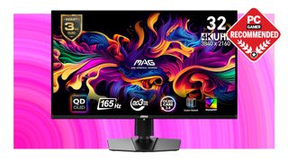 The MSI MAG 321UP QD-OLED gaming monitor on a pink deals background, with the PC Gamer recommended badge in the top right