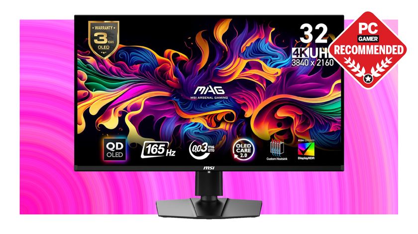 The MSI MAG 321UP QD-OLED gaming monitor on a pink deals background, with the PC Gamer recommended badge in the top right