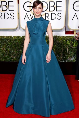 Felicity Jones wears Christian Dior and Van Cleef & Arpels jewellery at The Golden Globes 2015