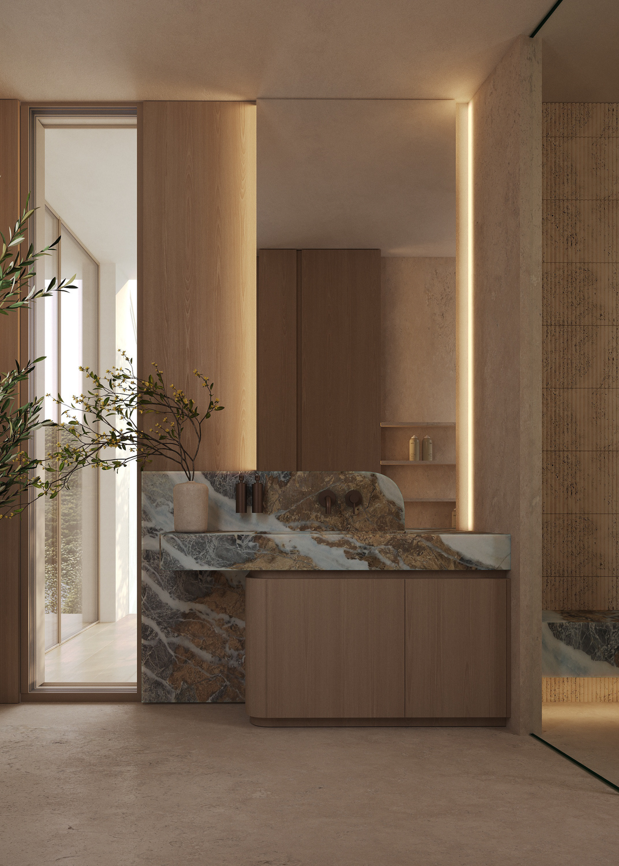 a modern and sleek bathroom vanity with marble and wood and a big LED mirror behind it