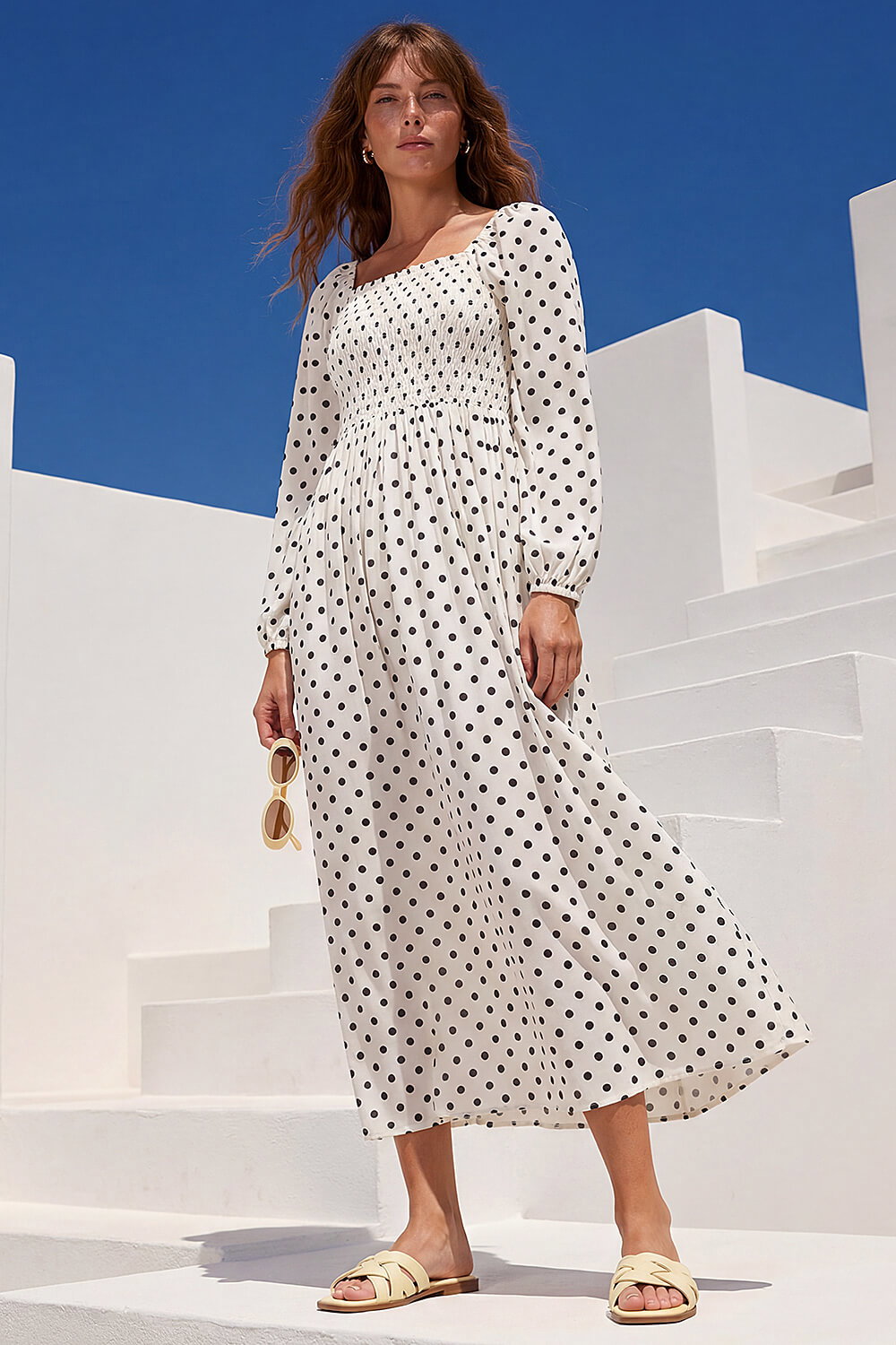 Polka Dot Shirred Midi Dress