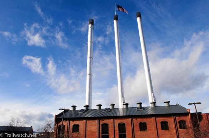 The smokestacks that crown the Old Mill District in Bend