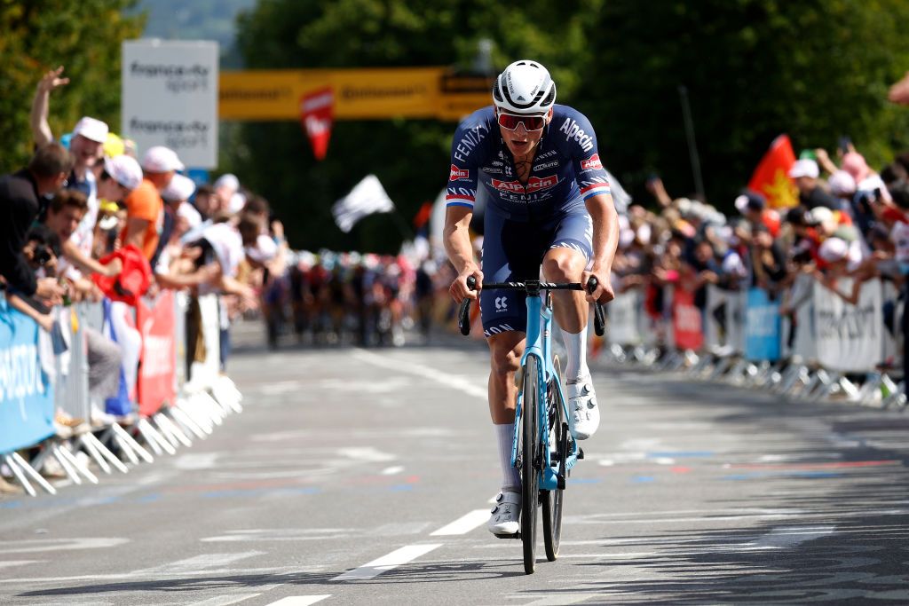 MRDEBRETAGNE GUERLDAN FRANCE JUNE 27 Mathieu Van Der Poel of The Netherlands and Team AlpecinFenix attack in breakaway during the 108th Tour de France 2021 Stage 2 a 1835km stage from PerrosGuirec to MrdeBretagne Guerldan 293m LeTour TDF2021 on June 27 2021 in MrdeBretagne Guerldan France Photo by Chris GraythenGetty Images