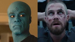 Screenshot of Oliver Queen in jail with hands behind head in Arrow Season 7, press shot of blue-faced Doctor Manhattan in Watchmen Episode 7