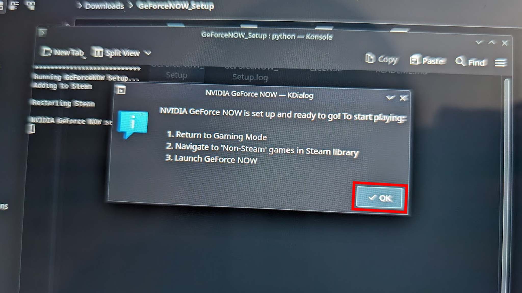 Install NVIDIA GeForce Now on Steam Deck: Select OK.