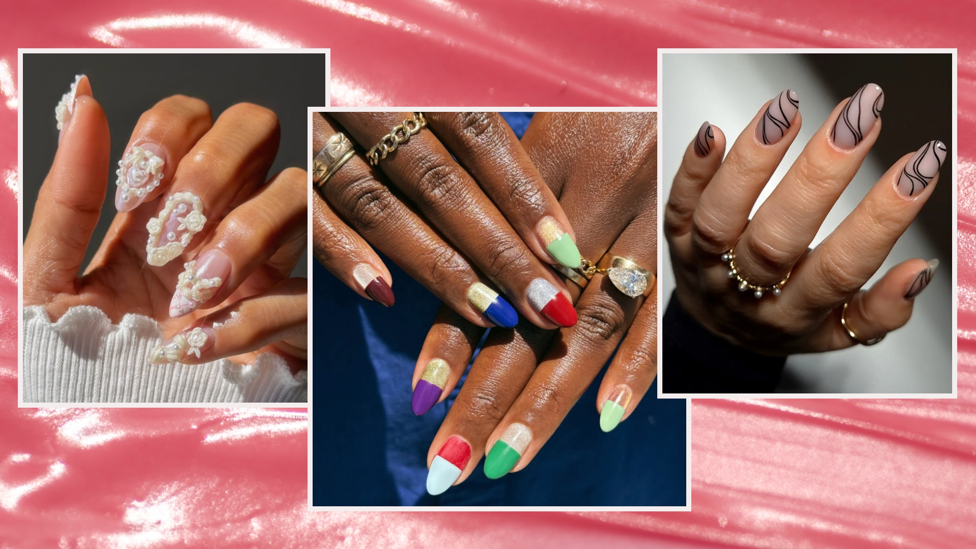 a pink cream background with three hands close up with colorful nail designs