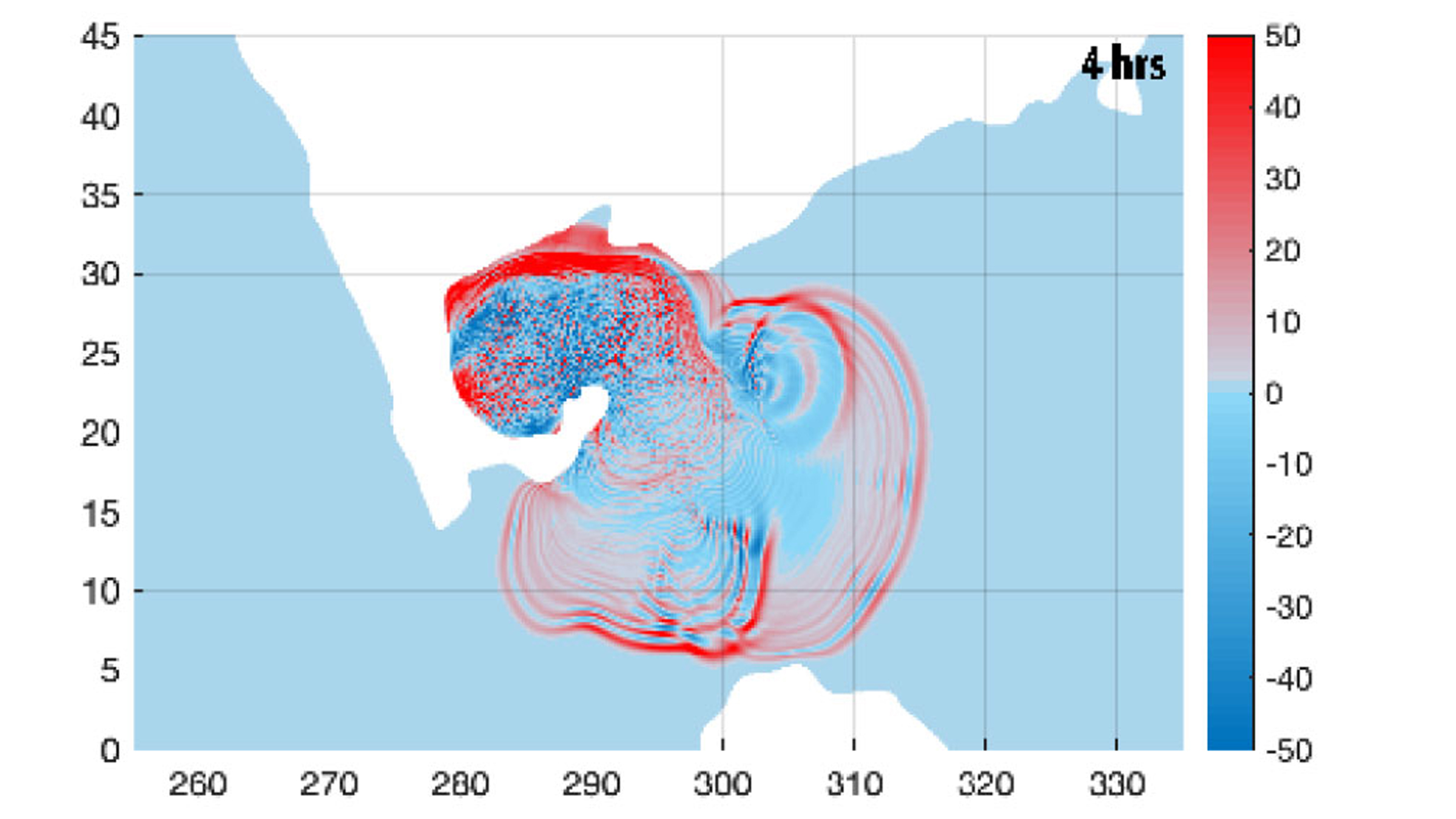 The modeled tsunami sea-surface height perturbation(in meters) four hours after the end-Cretaceous asteroid impact.